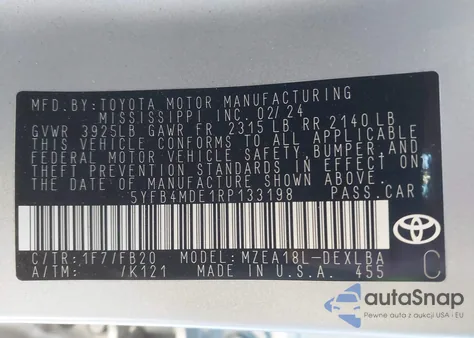 2024 Toyota Corolla Le из США, поврежденный, VIN 5YFB4MDE1RP133198